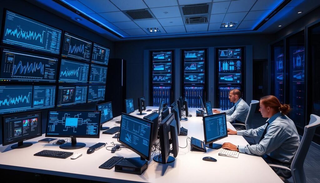 A high-tech security control room with multiple monitor screens displaying real-time data and analytics from the ultrastreampro network. Sleek, minimalist desks are occupied by focused operators, their expressions intense as they monitor system integrity and safeguard user privacy. Soft blue lighting bathes the scene, creating an atmosphere of professionalism and vigilance. Towering server racks hum in the background, their blinking lights symbolizing the secure, reliable infrastructure that powers the ultrastreampro streaming platform. The overall impression is one of cutting-edge technology, meticulous attention to detail, and a steadfast commitment to safeguarding the privacy and security of every user.