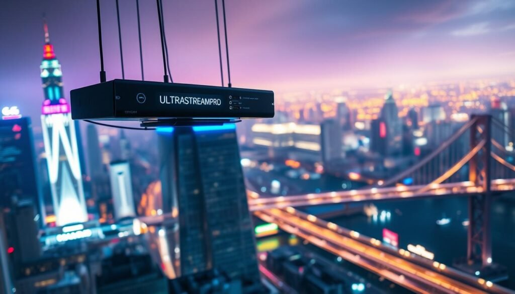 A high-tech streaming hub suspended in a dynamic, neon-lit cityscape. In the foreground, the ULTRASTREAMPRO logo glistens, its sleek design hinting at the vast content library it unlocks. The mid-ground features a person immersed in a seamless IPTV viewing experience, their face aglow with the vibrant display. The background showcases a sprawling urban landscape, its skyscrapers and bridges illuminated by vivid, pulsing lights, creating an atmosphere of endless entertainment possibilities. Cinematic lighting and a wide-angle lens capture the energy and excitement of IPTV streaming for US viewers.