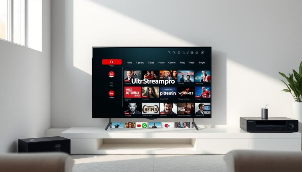 A modern and intuitive IPTV app with a sleek interface, showcasing a vast library of live TV channels and on-demand content. The app is designed for easy navigation, allowing users to browse and search for their favorite programs with precision. The ultrastreampro brand is prominently displayed, conveying a sense of quality and reliability. The app is presented in a well-lit, minimalist setting, creating a clean and professional atmosphere. The overall composition emphasizes the app's user-friendly features and the convenience it offers for seamless media consumption. A modern and intuitive IPTV app with a sleek interface, showcasing a vast library of live TV channels and on-demand content. The app is designed for easy navigation, allowing users to browse and search for their favorite programs with precision. The ultrastreampro brand is prominently displayed, conveying a sense of quality and reliability. The app is presented in a well-lit, minimalist setting, creating a clean and professional atmosphere. The overall composition emphasizes the app's user-friendly features and the convenience it offers for seamless media consumption.