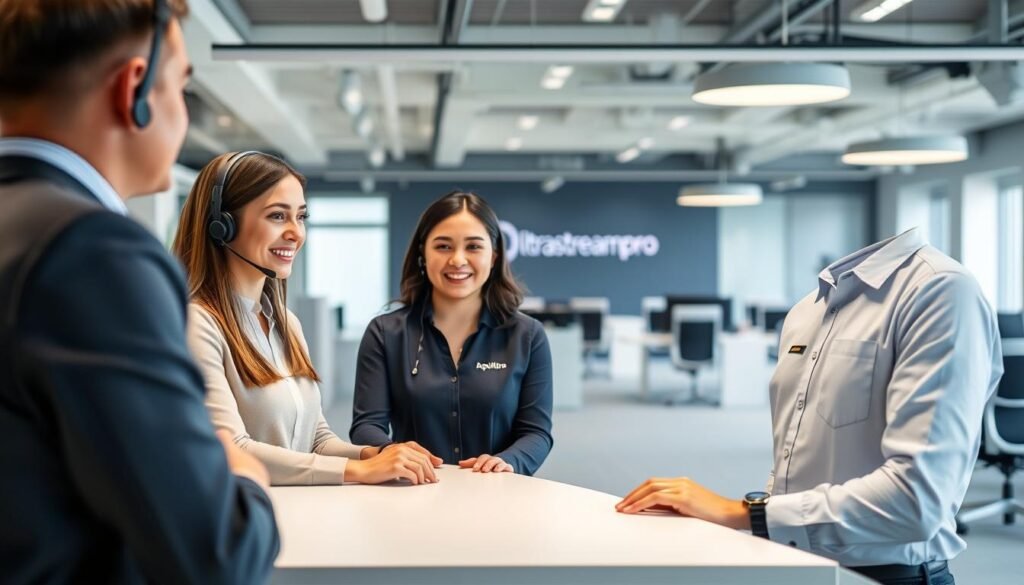 A modern and inviting customer support center for the ultrastreampro Apollo TV brand. The foreground features a friendly customer service representative in a crisp, professional uniform, assisting a customer with a warm, empathetic expression. The middle ground showcases a sleek, minimalist service desk with the ultrastreampro logo prominently displayed. The background is filled with a softly-lit, open-concept office space, with ergonomic workstations and discreet technological equipment. The overall atmosphere conveys a sense of efficiency, competence, and a commitment to customer satisfaction.