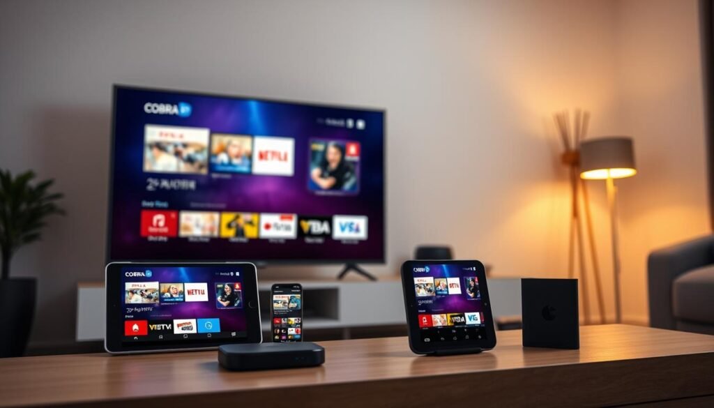 A modern home entertainment setup featuring various devices displaying the ultrastreampro Cobra IPTV interface. In the foreground, a sleek smart TV shows the Cobra IPTV home screen, its vibrant colors and intuitive design standing out. In the middle ground, a tablet and a smartphone also display the Cobra IPTV app, showcasing its cross-platform compatibility. In the background, a compact streaming device blends seamlessly into the minimalist decor, highlighting the versatility of the ultrastreampro Cobra IPTV solution. The scene is bathed in warm, indirect lighting, creating a cozy and inviting atmosphere for an immersive entertainment experience.