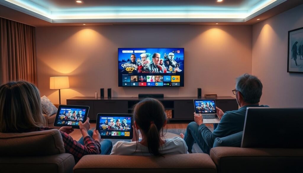 A modern living room with a large 4K IPTV screen displaying ultrastreampro's streaming interface. Multiple people are comfortably seated, each using a different device - a tablet, a smartphone, and a laptop - to access the same high-quality 4K content simultaneously. The room is illuminated by soft, warm lighting, creating a cozy and inviting atmosphere. The devices' screens are clearly visible, showcasing the seamless multi-device compatibility of the ultrastreampro IPTV service. The scene conveys a sense of effortless entertainment and technological integration in a home environment. A modern living room with a large 4K IPTV screen displaying ultrastreampro's streaming interface. Multiple people are comfortably seated, each using a different device - a tablet, a smartphone, and a laptop - to access the same high-quality 4K content simultaneously. The room is illuminated by soft, warm lighting, creating a cozy and inviting atmosphere. The devices' screens are clearly visible, showcasing the seamless multi-device compatibility of the ultrastreampro IPTV service. The scene conveys a sense of effortless entertainment and technological integration in a home environment.