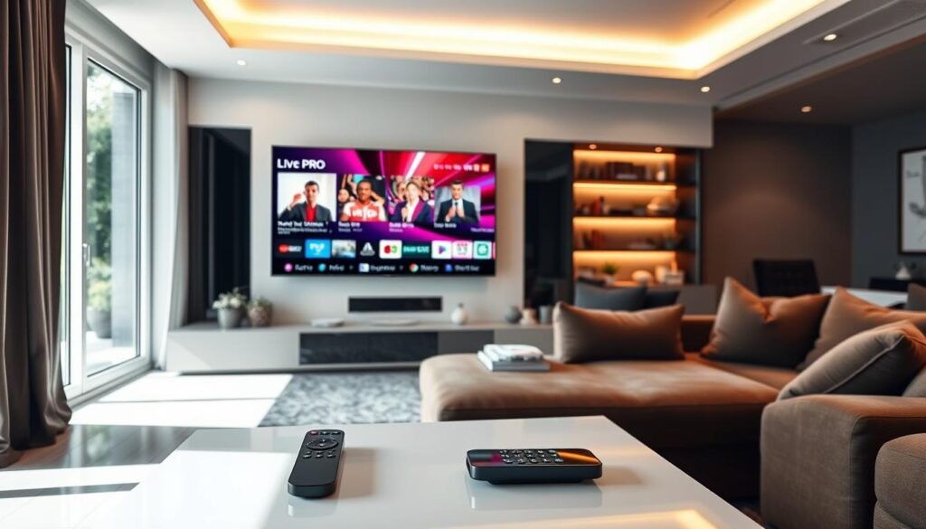 A modern living room with a large flat-screen TV mounted on the wall, displaying a vibrant and dynamic live TV streaming interface from ultrastreampro. The room is well-lit with a combination of natural and soft artificial lighting, creating a cozy and inviting atmosphere. In the foreground, a sleek remote control and a mobile device are placed on a minimalist coffee table, suggesting the ease of accessing and controlling the streaming content. The middle ground features plush seating arrangements, encouraging viewers to sit back and enjoy the immersive viewing experience. The background showcases stylish decor elements, such as potted plants and modern artwork, adding to the overall aesthetic appeal of the space.