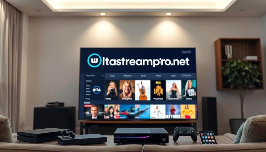 A modern living room with a large smart TV displaying the ultrastreampro.net logo, surrounded by various streaming devices like a set-top box, gaming console, and smartphone. Soft ambient lighting sets a comfortable, tech-savvy atmosphere. The TV screen showcases a diverse selection of IPTV content, hinting at the endless entertainment options available to viewers in the USA. The composition emphasizes the seamless integration of technology into a stylish, home environment.