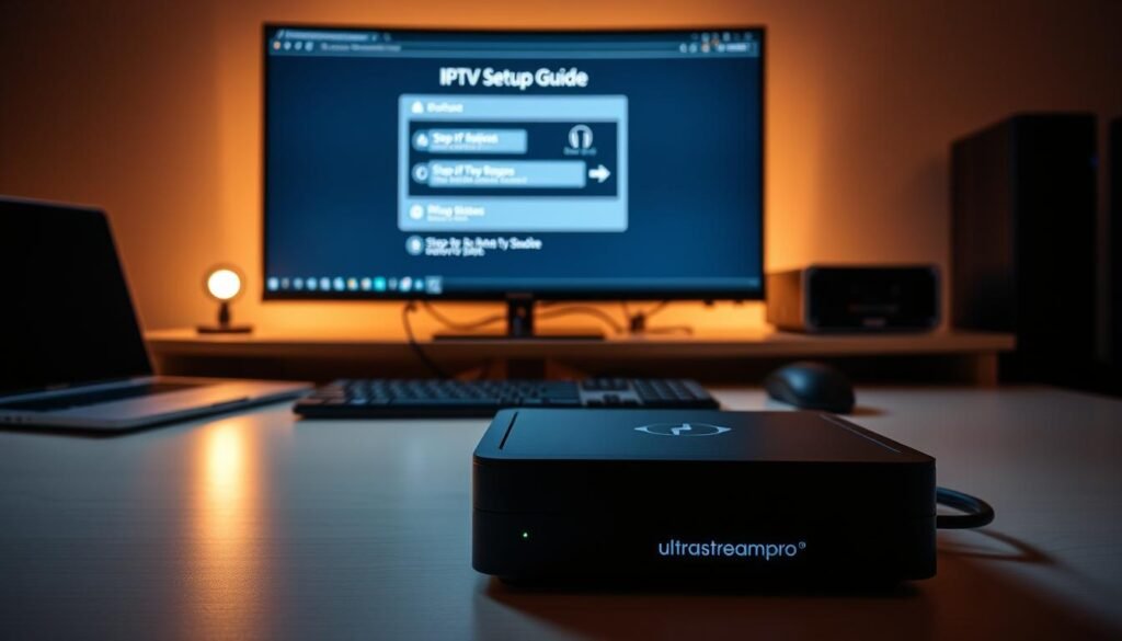 A modern, sleek desktop setup with a laptop, wireless keyboard and mouse, and a large monitor displaying a step-by-step IPTV setup guide. The scene is bathed in warm, diffused lighting, creating a calming, professional atmosphere. In the foreground, an ultrastreampro device sits prominently, its minimalist design and LED indicators highlighting its key role in the IPTV configuration process. The middle ground features neatly organized cables and peripherals, while the background showcases a clean, uncluttered workspace with subtle hints of technology, suggesting a seamless, efficient IPTV setup experience.