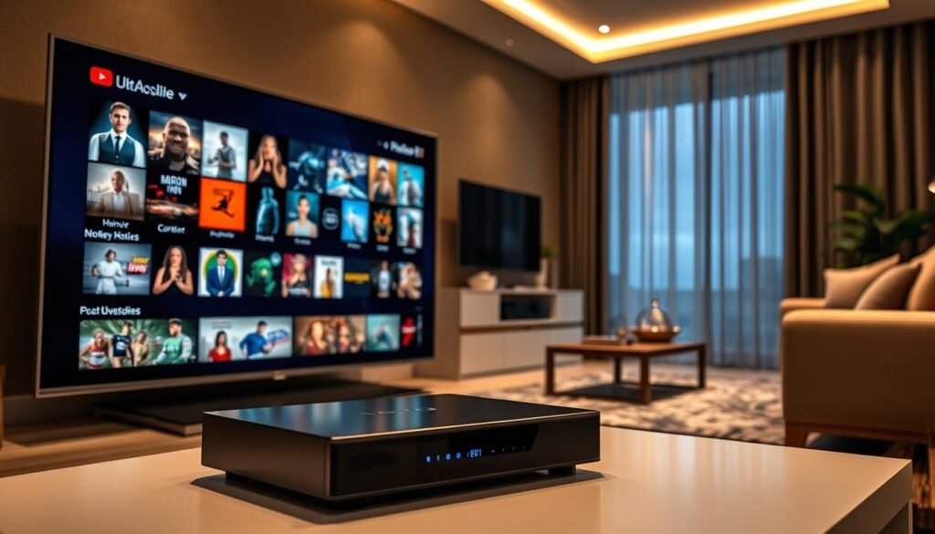 A modern, sleek home entertainment system featuring the ultrastreampro iptv service. In the foreground, a high-end smart TV displaying a diverse content library, including the latest movies, TV shows, live sports, and more. The middle ground showcases a state-of-the-art media streaming device, seamlessly integrating with the ultrastreampro platform. In the background, a cozy living room setting with plush furniture and subtle ambient lighting, creating a comfortable and immersive viewing experience. The overall scene conveys a sense of convenience, entertainment, and premium quality, reflecting the comprehensive offerings of the ultrastreampro iptv provider. A modern, sleek home entertainment system featuring the ultrastreampro iptv service. In the foreground, a high-end smart TV displaying a diverse content library, including the latest movies, TV shows, live sports, and more. The middle ground showcases a state-of-the-art media streaming device, seamlessly integrating with the ultrastreampro platform. In the background, a cozy living room setting with plush furniture and subtle ambient lighting, creating a comfortable and immersive viewing experience. The overall scene conveys a sense of convenience, entertainment, and premium quality, reflecting the comprehensive offerings of the ultrastreampro iptv provider.