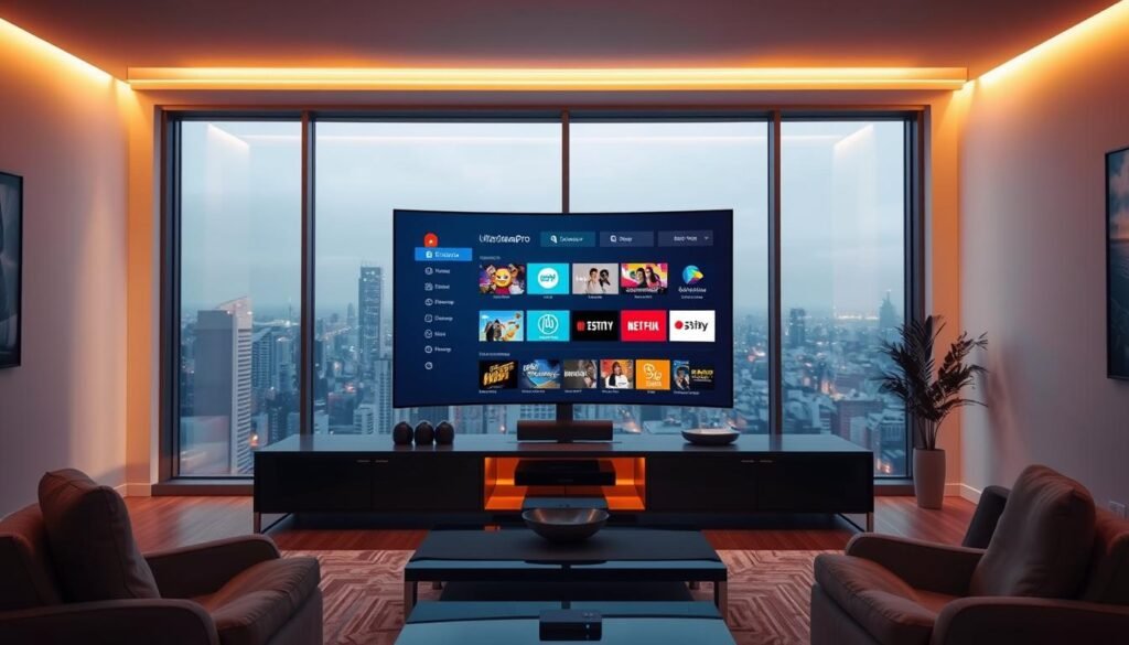 A modern, sleek living room with a large, curved television screen displaying the ultrastreampro IPTV service interface. The room is filled with warm, indirect lighting, creating a cozy and inviting atmosphere. The television is the focal point, surrounded by minimalist furniture and a large window overlooking a cityscape in the background. The scene conveys the convenience and entertainment value of IPTV, offering a compelling alternative to traditional cable TV.
