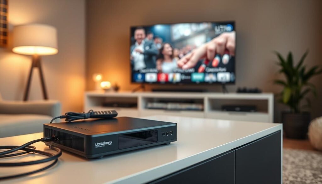 A modern, sleek setup of the ultrastreampro IPTV service. In the foreground, a black, minimalist set-top box sits atop a clean, white media console. Surrounding it, various cables and a remote control neatly arranged. In the middle ground, a high-definition television displays a vibrant, immersive entertainment experience. The background features a cozy, living room setting with soft, warm lighting, creating an inviting atmosphere for endless streaming. The overall scene conveys a sense of technological sophistication and domestic comfort, perfectly capturing the essence of setting up a premium IPTV service for seamless entertainment.