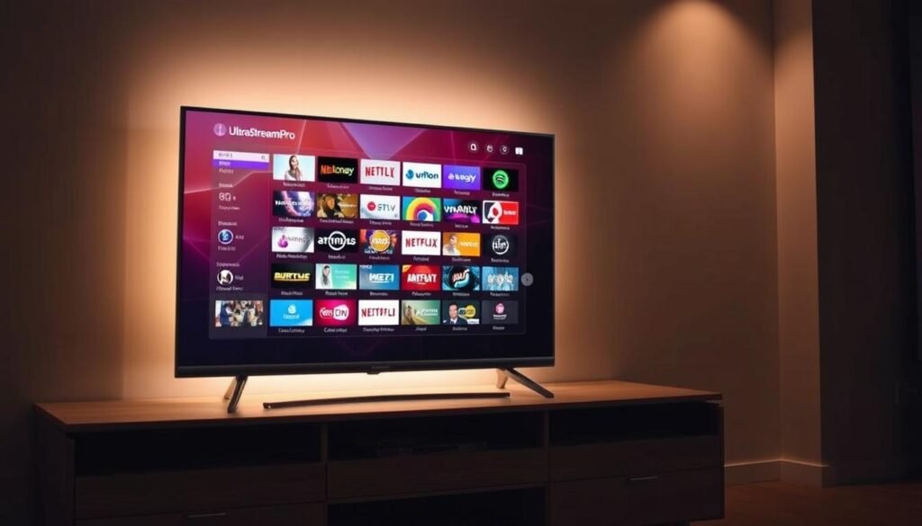A modern, sleek television displaying the UltraStreamPro interface, showcasing a vibrant selection of global IPTV channels. The screen is backlit with a warm, inviting glow, creating a cozy and immersive atmosphere. The television is situated on a minimalist, wooden entertainment center, with subtle ambient lighting illuminating the space. The overall composition conveys the ease and accessibility of accessing a wide range of free IPTV content through the UltraStreamPro platform, reflecting the article's focus on discovering the newest free global IPTV options. A modern, sleek television displaying the UltraStreamPro interface, showcasing a vibrant selection of global IPTV channels. The screen is backlit with a warm, inviting glow, creating a cozy and immersive atmosphere. The television is situated on a minimalist, wooden entertainment center, with subtle ambient lighting illuminating the space. The overall composition conveys the ease and accessibility of accessing a wide range of free IPTV content through the UltraStreamPro platform, reflecting the article's focus on discovering the newest free global IPTV options.