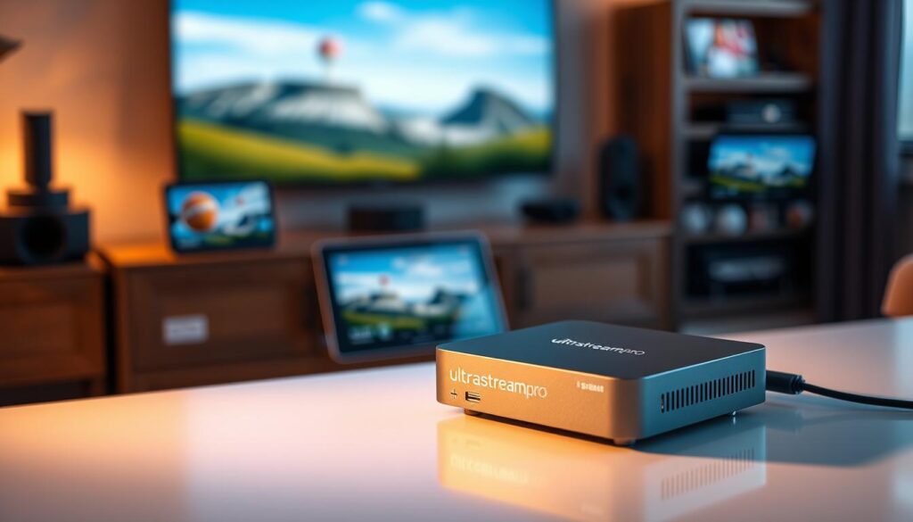 A modern, sleek ultrastreampro device with a minimalist design, displaying its compatibility with a variety of screens - smart TVs, tablets, and smartphones. The device is positioned prominently in the foreground, illuminated by warm, soft lighting that highlights its clean lines and premium finish. In the background, a blurred array of digital devices and home entertainment setup suggests the versatility and seamless integration of the ultrastreampro platform. The overall mood is one of technological sophistication, user-friendliness, and the promise of an elevated, multi-screen viewing experience.