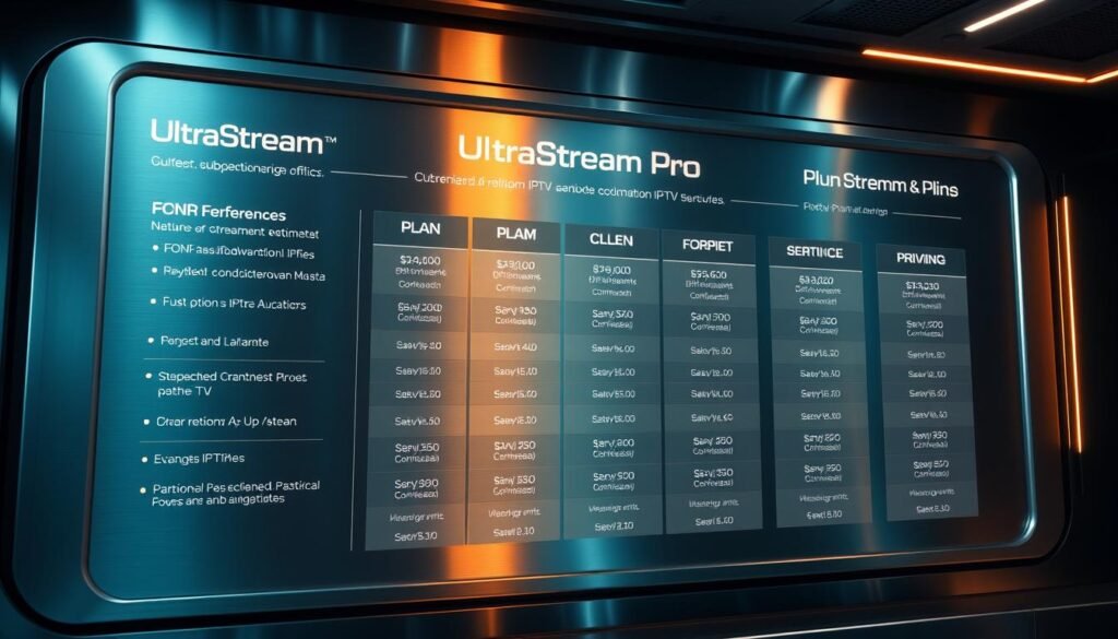 A modern, sleek user interface showcasing the UltraStream Pro's subscription plans and pricing structure. A metallic, futuristic display with clean lines and minimalist design, presenting various plan options and their corresponding features and costs. Subtle lighting casts a warm glow, creating a professional, high-tech atmosphere. The layout is well-organized, with plan details clearly visible, allowing the viewer to easily understand the service's value proposition. The overall impression is one of a premium, reliable IPTV service that offers a seamless, high-quality viewing experience.