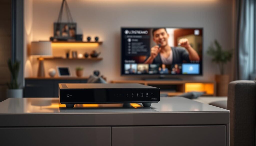 A modern, well-equipped home entertainment setup featuring the ultrastreampro IPTV player positioned prominently on a sleek media console. The player's clean, minimalist design stands out against a backdrop of warm, indirect lighting and tasteful decor. The foreground showcases the player's intuitive controls and connectivity options, while the middle ground depicts various streaming services and content options available through the ultrastreampro interface. The background hints at a cozy living room setting, with a large, high-definition television screen ready to deliver an immersive viewing experience.