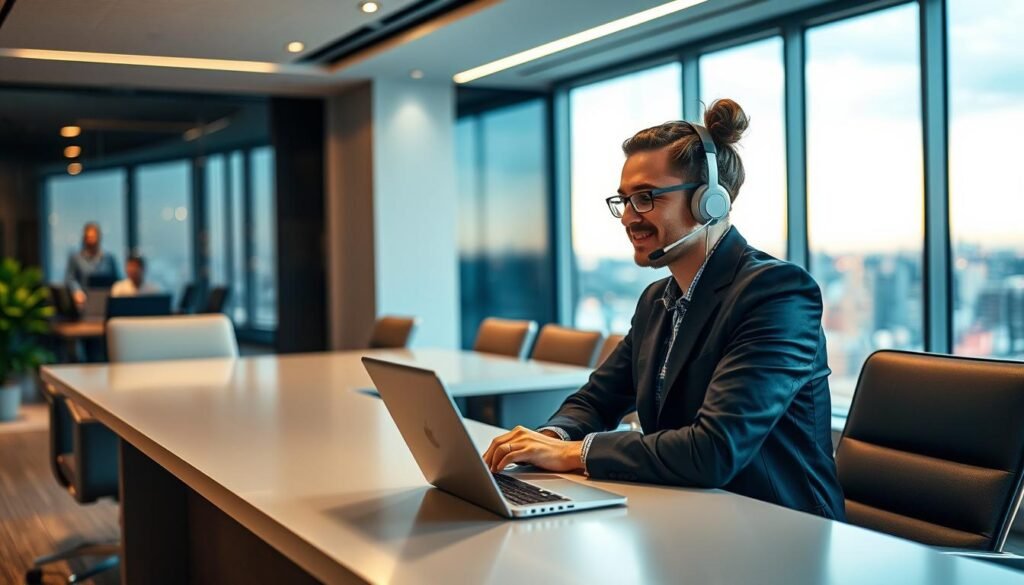 A modern, well-lit office interior, with a large desk and comfortable chairs. In the foreground, a customer service representative from UltraStreamPro, a professional and friendly-looking person, is intently listening to a customer on the phone, offering attentive support. The background features a sleek, minimalist design with a large window overlooking a vibrant cityscape of Quebec. The lighting is warm and inviting, creating a sense of professionalism and reliability. The overall atmosphere conveys UltraStreamPro's commitment to providing exceptional customer service.