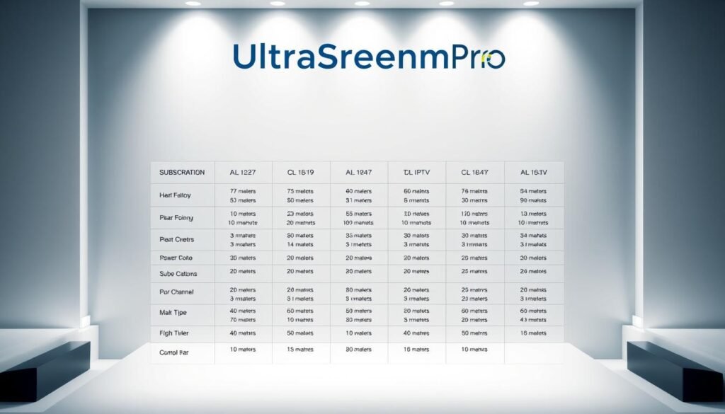 A neatly organized table displaying the UltraStreamPro IPTV subscription plans, featuring crisp and clean typography. The table is set against a sleek, minimalist background with a soft, diffused lighting that creates a sense of depth and dimension. The plans are presented in a clear, concise manner, highlighting the key details such as the plan duration, pricing, and the number of channels included. The overall design conveys a sense of professionalism and reliability, aligning with the UltraStreamPro brand identity.