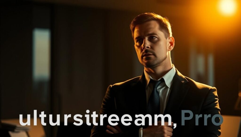 A pensive businessman standing in a dimly lit office, contemplating the legal implications of using ultrastreampro, a premium IPTV service. The scene is bathed in a warm, golden light, casting dramatic shadows that accentuate the figure's thoughtful expression. The background is slightly blurred, with a hint of professional documents and a laptop visible, suggesting the complex legal landscape the user must navigate. The overall mood is one of careful consideration, highlighting the importance of understanding the legal considerations when using IPTV services.