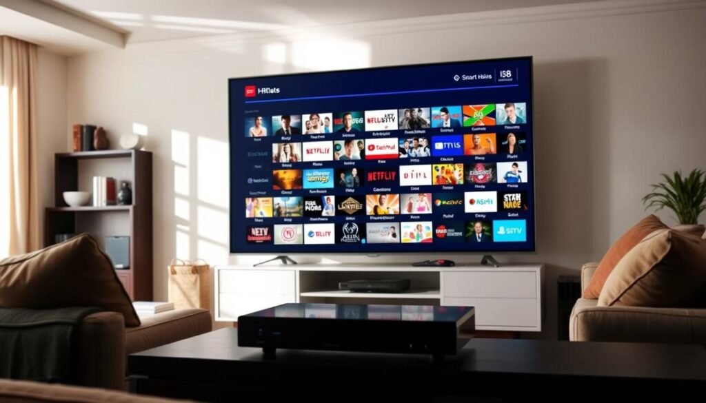 A pristine home entertainment setup, complete with the ultrastreampro IPTV Smarters Pro subscription. The 4K UHD display showcases a vast, meticulously curated channel lineup, offering an immersive viewing experience. Soft, natural lighting illuminates the sleek, modern device interface, exuding a sense of sophistication and technological prowess. In the background, a cozy living room setting invites relaxation, with plush furnishings and a warm, inviting atmosphere. The overall scene conveys the comprehensive content library and seamless integration of the IPTV Smarters Pro subscription, catering to the discerning media enthusiast.