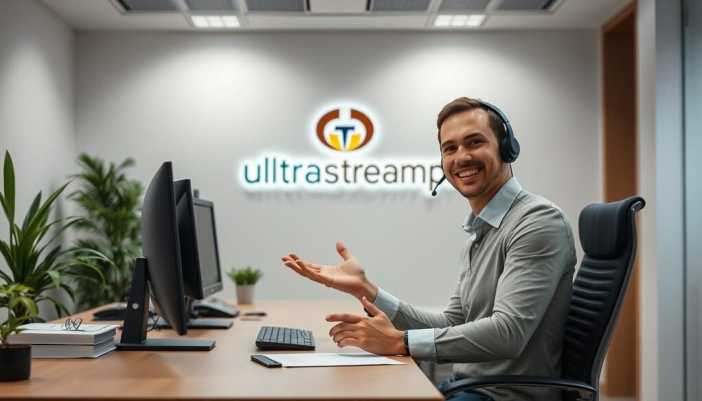 A professional customer service representative of the ultrastreampro Cobra IPTV service, sitting at a neatly organized desk in a well-lit office. The representative is smiling warmly and gesturing with an open, friendly posture, ready to assist customers with any inquiries or issues. The office has a modern, minimalist design with clean lines and a calming color palette. The background features the ultrastreampro logo prominently displayed, conveying a sense of trust and reliability. The lighting is soft and diffused, creating a welcoming atmosphere. The overall scene exudes professionalism, efficiency, and a commitment to exceptional customer support.