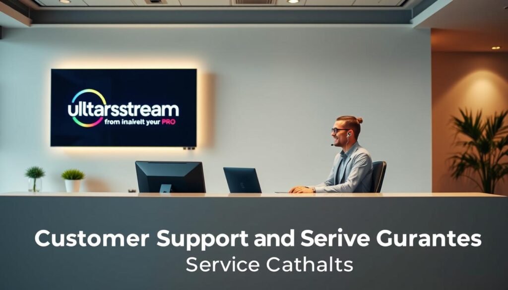 A professional customer service representative sits at a sleek, ultrastreampro-branded desk, greeting a client with a warm smile. The office has a modern, minimalist aesthetic, with soft lighting and a soothing color palette. In the background, a large monitor displays the ultrastreampro logo, conveying the company's commitment to reliable and user-friendly streaming services. The representative's attentive posture and friendly demeanor suggest a focus on providing exceptional customer support, reflecting the "Customer Support and Service Guarantees" section of the article.