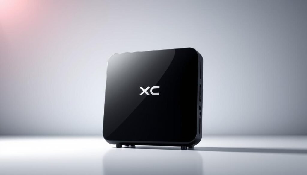 A professional, highly detailed and sleek digital illustration depicting an ultrastreampro xc iptv device. The device is prominently featured in the foreground, with a clean and minimalist design showcasing its key features. The background has a subtle gradient, creating a sense of depth and highlighting the device's technological nature. The lighting is soft and diffused, accentuating the device's metallic finish and highlighting its premium aesthetic. The camera angle is slightly elevated, giving the viewer a sense of the device's power and capabilities. The overall mood is one of modern, high-tech sophistication, reflecting the legal and safe usage of the xc iptv service.