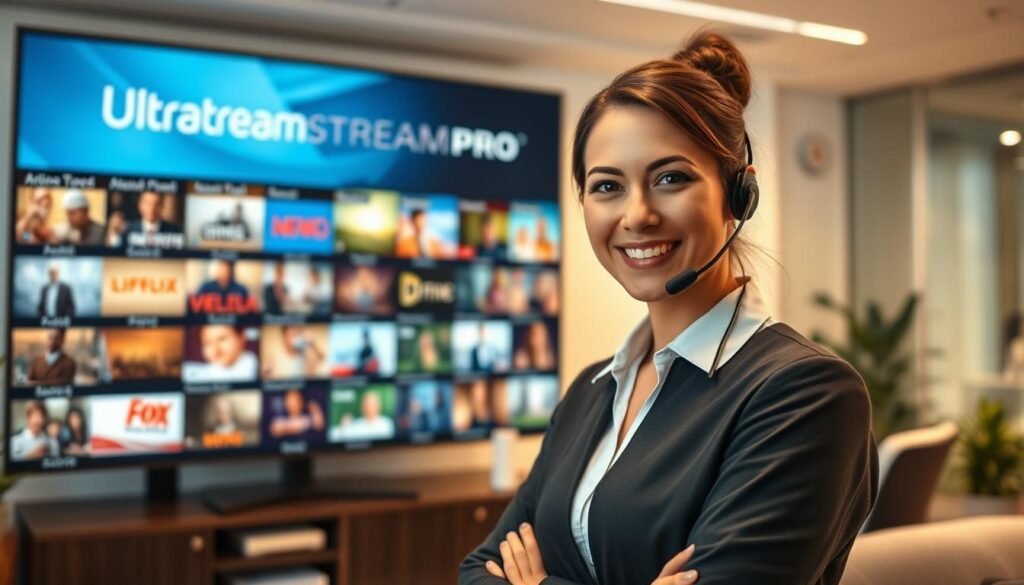 A professional, reliable, and efficient IPTV provider, ultrastreampro, offering a vast library of entertainment options. The scene depicts a well-designed, user-friendly interface showcasing a range of high-quality video streams, with a focus on seamless customer support and service reliability. The foreground features a friendly and knowledgeable customer service representative, ready to assist users with any inquiries or issues. The middle ground showcases the platform's intuitive navigation, allowing users to effortlessly browse and access their desired content. The background depicts a serene, modern office setting, conveying a sense of trust and professionalism. Soft, warm lighting and a subtle depth of field create a welcoming and inviting atmosphere, emphasizing the provider's commitment to delivering a top-notch user experience.