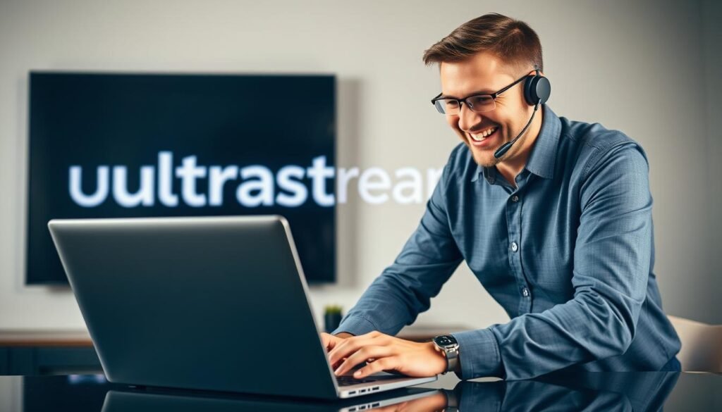 A professional, well-lit scene depicting a customer service representative enthusiastically assisting a customer with a USA IPTV subscription from ultrastreampro. The representative, wearing a crisp, collared shirt, is leaning forward with a warm, friendly expression, guiding the customer through the setup process on a sleek, modern laptop. In the background, the ultrastreampro logo is prominently displayed, conveying the company's reliability and commitment to customer support. The lighting is soft and natural, creating a welcoming and trustworthy atmosphere. The overall composition is balanced, with the customer and representative positioned centrally, and the background elements complementing the scene without distracting from the main focus.