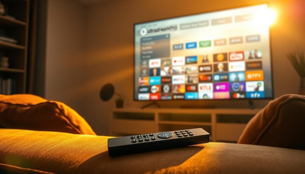 A serene living room scene, bathed in warm, golden lighting, showcases an ultrastreampro xc iptv interface displayed on a large, high-definition television. The interface features a clean, modern design with clearly labeled channel categories, allowing the viewer to effortlessly navigate through a vast library of live and on-demand entertainment options. In the foreground, a sleek, minimalist remote control lies on a plush, earth-toned sofa, inviting the user to immerse themselves in a seamless streaming experience. The overall atmosphere exudes a sense of comfort, convenience, and high-quality content, perfectly capturing the comprehensive review of ultrastreampro's xc iptv packages.