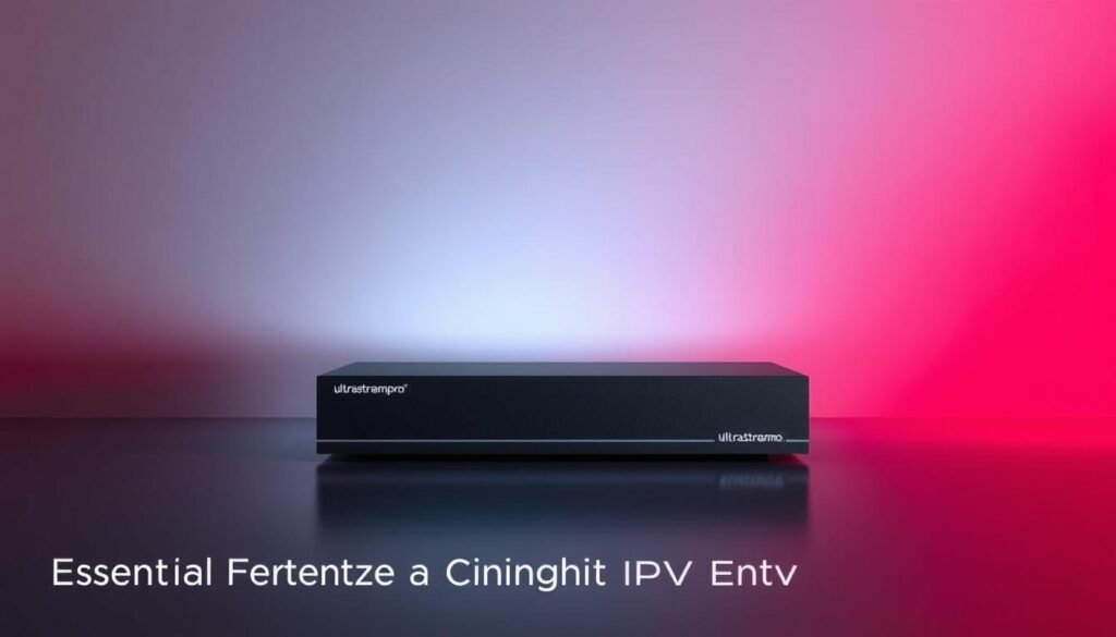 A sleek and modern IPTV encoder against a minimalist backdrop, showcasing its advanced resolution support capabilities. The device is centered, highlighted by warm, directional lighting that casts subtle shadows, emphasizing its clean, rectangular form. The matte black finish of the ultrastreampro encoder contrasts elegantly with the cool, monochromatic surroundings, drawing the eye to its functional yet refined design. The scene conveys a sense of technological proficiency and attention to detail, aligning with the "Essential Features of a High-Quality IPTV Encoder" section of the article.