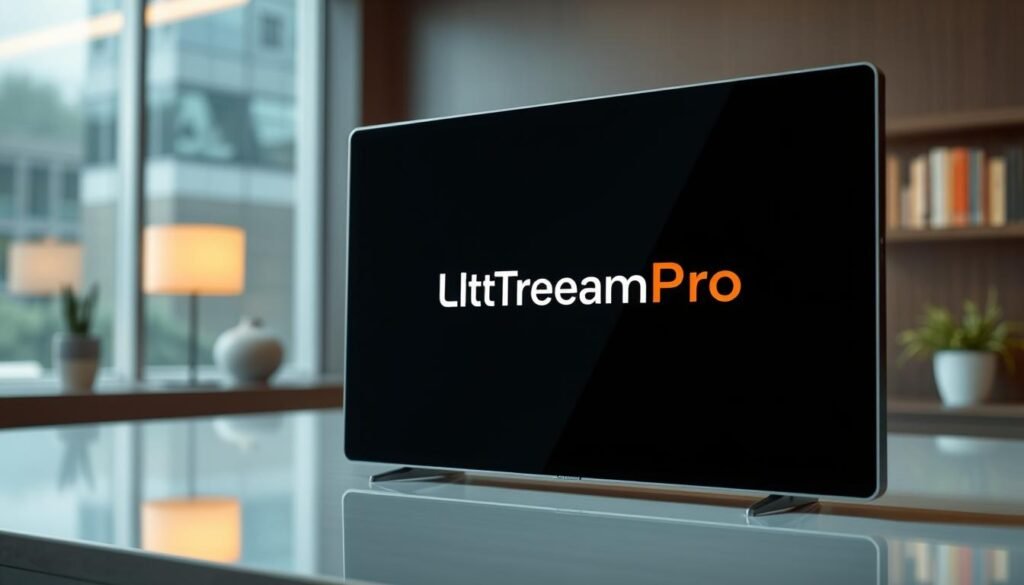 A sleek and modern IPTV panel with the UltraStreamPro brand prominently displayed. The panel features a minimalist design with clean lines and a high-gloss finish, giving it a premium and professional appearance. The panel is placed on a reflective surface, creating a sense of depth and elegance. Soft, warm lighting illuminates the panel, casting a subtle glow and highlighting its features. The background is a blurred, out-of-focus scene, keeping the focus on the IPTV panel itself. The overall atmosphere conveys a sense of sophistication, quality, and technological advancement, perfectly complementing the "Unlock Endless Entertainment with Our IPTV Panel" and "The Benefits of Choosing UltraStreamPro" themes.