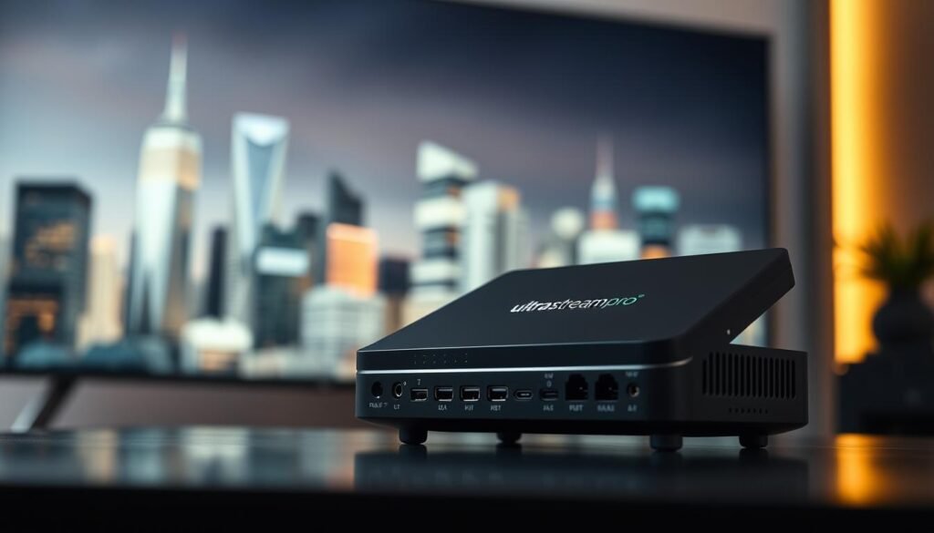 A sleek and modern IPTV player designed for smart TVs, showcasing the ultrastreampro brand. The device is displayed in the foreground, with a clean and minimalistic aesthetic. The player is positioned at an angle, allowing for a clear view of its various ports and interfaces. The background features a blurred, slightly futuristic cityscape, hinting at the device's capability to connect to a wide range of online entertainment sources. The lighting is soft and warm, creating a welcoming and inviting atmosphere. The overall composition emphasizes the device's integration with smart home technology and its role in providing seamless access to a world of digital entertainment.