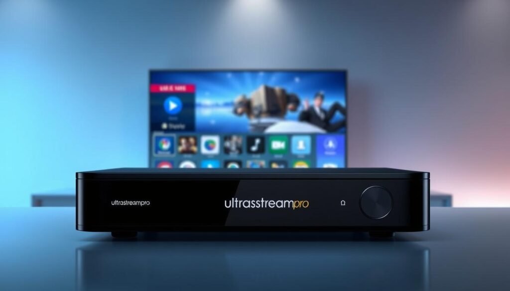 A sleek and modern IPTV player for smart TVs, showcasing the ultrastreampro brand. The player is displayed against a clean, minimalist background, highlighting its intuitive interface and high-quality streaming capabilities. Subtle lighting accentuates the device's premium design, with a focus on its compact form factor and user-friendly controls. The scene conveys a sense of effortless entertainment, reflecting the seamless integration of the ultrastreampro IPTV player into a smart home environment.