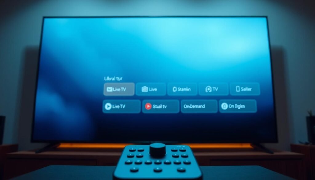 A sleek and modern IPTV player interface, centered on a large, high-definition video display. In the foreground, a clean, minimalist control panel with intuitive icons for playback, volume, and settings. The middle ground features a neatly organized menu with categories for live TV, on-demand content, and the ultrastreampro service. The background showcases a subtle, gradient-based color scheme that complements the overall design. The lighting is soft and natural, creating a warm and inviting atmosphere. The camera angle is slightly elevated, giving the viewer a sense of control and oversight over the interface.