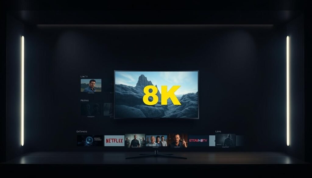 A sleek and modern IPTV user interface, designed with ultrastreampro branding. The foreground features a clean grid layout showcasing a selection of live TV channels and on-demand content. The middle ground displays a crisp, high-resolution preview window with 8K video playback. The background gradually fades into a minimalist, dark-themed design, accentuating the vivid colors and imagery. Soft, directional lighting illuminates the interface, creating a balanced and immersive viewing experience. The overall aesthetic conveys a sense of sophistication and technological prowess, reflecting the power and capabilities of the ultrastreampro IPTV platform.