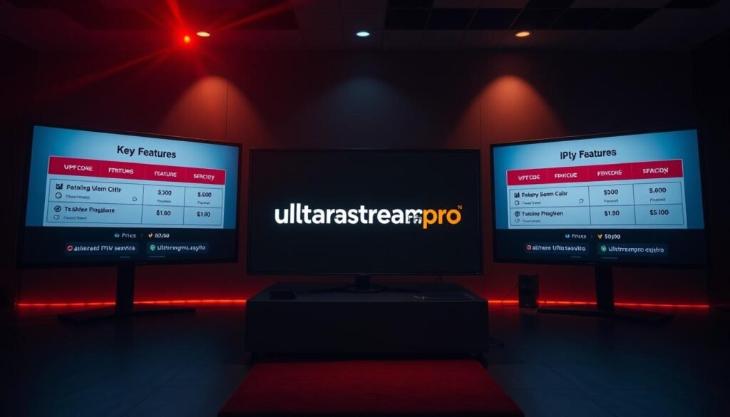 A sleek and modern comparison of IPTV services, showcasing the ultrastreampro brand against its competitors. Set in a dimly lit room, the scene features three high-resolution screens displaying the key features and pricing of the services, with the ultrastreampro screen taking prominence in the center. The lighting is dramatic, with a mix of warm and cool tones creating a professional, tech-savvy atmosphere. The screens are captured from a slightly elevated, three-quarter angle, emphasizing the technological superiority of the ultrastreampro platform. A sleek and modern comparison of IPTV services, showcasing the ultrastreampro brand against its competitors. Set in a dimly lit room, the scene features three high-resolution screens displaying the key features and pricing of the services, with the ultrastreampro screen taking prominence in the center. The lighting is dramatic, with a mix of warm and cool tones creating a professional, tech-savvy atmosphere. The screens are captured from a slightly elevated, three-quarter angle, emphasizing the technological superiority of the ultrastreampro platform.