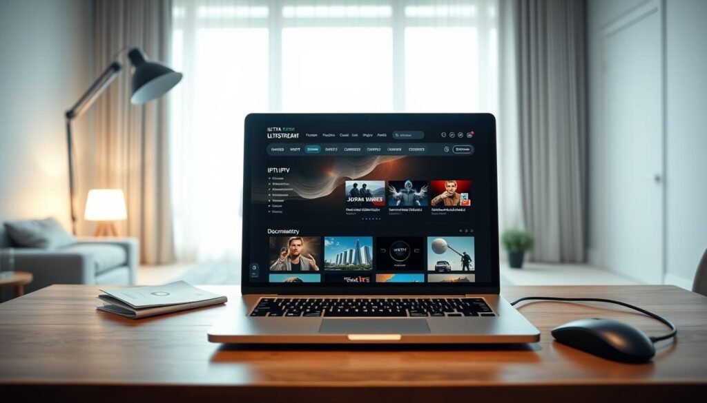 A sleek and modern home office setup with a laptop, keyboard, and mouse on a clean wooden desk. Soft, diffused lighting illuminates the scene, creating a warm and inviting atmosphere. In the foreground, an open laptop displays the ultrastreampro.net website, showcasing the various IPTV subscription options available. The middle ground features a subtle document or brochure, hinting at the informative content related to documentary IPTV channels. The background is a minimalist, yet elegant room setting, with a large window allowing natural light to filter in, creating a sense of openness and productivity.