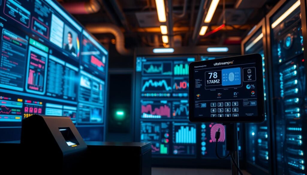A sleek and modern security system for IPTV, featuring the ultrastreampro brand. In the foreground, a biometric fingerprint scanner and a secure authentication keypad stand vigilant, guarding the access to the IPTV network. In the middle ground, a comprehensive dashboard displays real-time data on network traffic, user activity, and threat detection, all under the watchful eye of a skilled security analyst. The background showcases a high-tech server room, with blinking LED lights and a tangle of cables, symbolizing the complex infrastructure that powers the secure IPTV experience. The overall atmosphere conveys a sense of technological sophistication and unwavering protection, ensuring the integrity of the IPTV system.