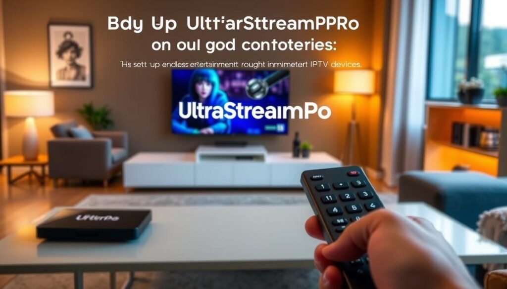 A sleek and modern streaming device prominently displays the UltraStreamPro logo, its clean lines and minimalist design reflecting the product's high-quality craftsmanship. The device is set against a backdrop of a stylish, modern living room, with warm lighting creating a cozy atmosphere. In the foreground, a hand holds a remote control, ready to navigate the UltraStreamPro interface, which promises endless entertainment through a robust IPTV service. The overall scene conveys a sense of effortless, immersive home entertainment, perfectly complementing the "Setting Up UltraStreamPro on Your Devices" section of the article.
