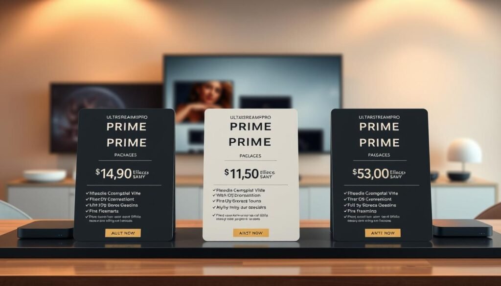 A sleek and modern table display showcasing the ultrastreampro IPTV Prime subscription packages. The foreground features three distinct plan options, each with its own elegant card design and detailed pricing information. The middle ground has subtle product shots of streaming devices, hinting at the comprehensive service. The background is a warm, neutral-toned studio setting with soft lighting, creating a premium and inviting atmosphere. The overall composition exudes a sense of sophistication and highlights the value proposition of the ultrastreampro IPTV Prime plans.