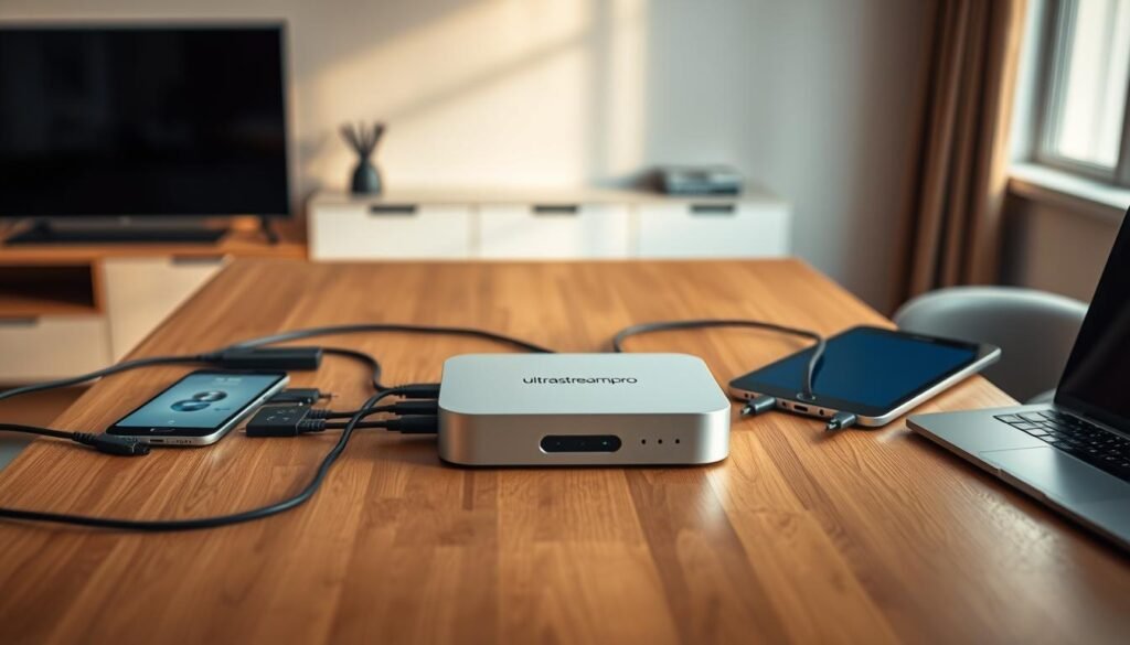 A sleek and modern ultrastreampro device sits prominently on a minimalist wooden table, showcasing its sleek design and connectivity options. The device is surrounded by a variety of compatible devices including a smart TV, smartphone, tablet, and laptop, each connected via various cables and wireless connections. The image is bathed in warm, soft lighting, creating a welcoming and inviting atmosphere, reflecting the accessibility and versatility of the ultrastreampro device. The composition is balanced and harmonious, highlighting the seamless integration of the ultrastreampro device into a modern, technology-driven lifestyle.