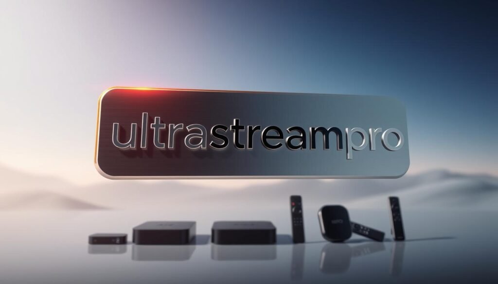 A sleek and modern ultrastreampro logo floats prominently in the foreground, rendered in a metallic sheen against a soft, blurred background. The logo is illuminated by a warm, directional light, casting subtle shadows that add depth and dimension. In the middle ground, a lineup of cutting-edge ultrastreampro devices, including streaming boxes and wireless remotes, are arranged in a visually appealing layout. The background features a minimalist, gradient-based landscape, conveying a sense of technological sophistication and innovation. The overall mood is one of premium quality, cutting-edge technology, and a forward-thinking, premium brand identity.