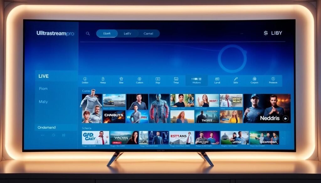 A sleek, futuristic interface with a smooth, minimalist design. The ultrastreampro dashboard is displayed on a large, high-resolution screen, showcasing a clean and intuitive layout. The main menu is positioned at the top, with intuitive icons and labels guiding the user through various sections. In the center, a dynamic grid of content thumbnails, each one showcasing a different live TV channel or on-demand title. Subtle lighting casts a warm glow across the screen, creating a comfortable and inviting atmosphere. The overall look and feel convey a sense of advanced technology and premium entertainment, perfectly aligning with the ultrastreampro brand identity.