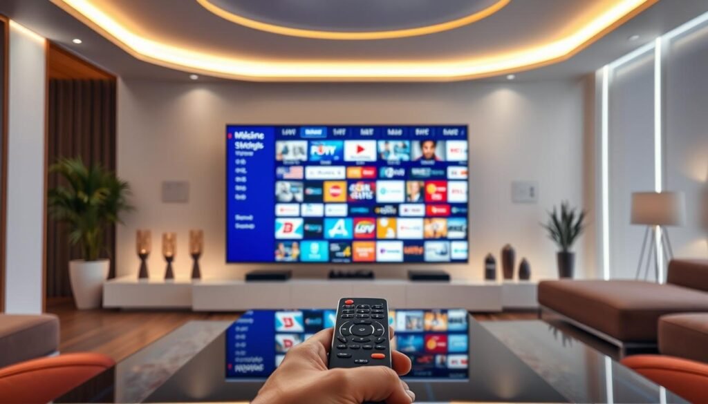 A sleek, futuristic living room with a large flatscreen TV displaying the UltraStreamPro interface. The room has modern, minimalist decor with a cozy, ambient lighting setup. The TV screen shows a vibrant, high-definition image of a diverse array of popular US TV channels and streaming services, creating an immersive, cinematic viewing experience. In the foreground, a hand-held remote control with a clean, intuitive design sits on a glass coffee table, highlighting the ease of use. The overall scene conveys a sense of modern, sophisticated home entertainment powered by the advanced UltraStreamPro IPTV system.