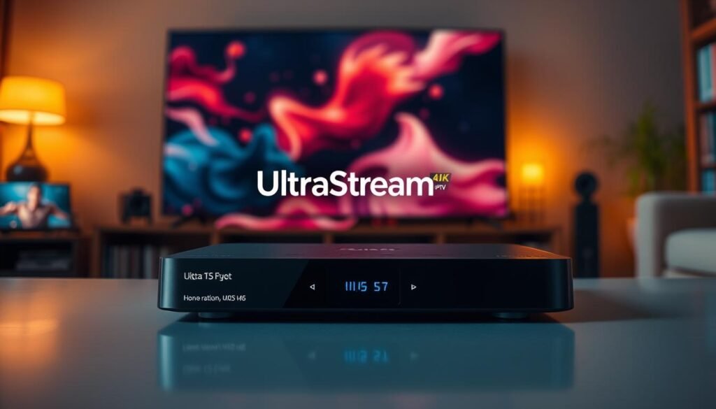 A sleek, high-end 4K IPTV streaming service, UltraStreamPro, dominates the center of the frame, its bold logo and clean, modern interface showcased against a backdrop of vibrant, cinematic visuals. The device displays crystal-clear 4K content, with a seamless, user-friendly experience that elevates the home entertainment experience. Warm, soft lighting bathes the scene, creating a sense of sophistication and immersion. The composition emphasizes the service's cutting-edge technology and premium quality, inviting the viewer to discover the future of live television streaming.