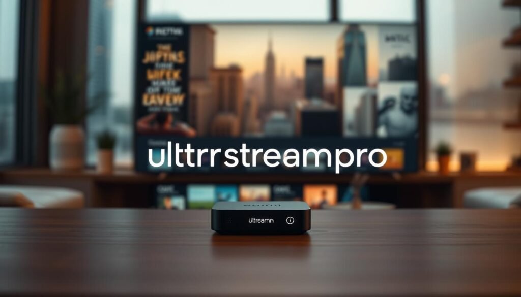A sleek, minimalist setup of the ultrastreampro streaming service, showcasing its intuitive interface and extensive content library. The device, likely a streaming box or smart TV, takes center stage, bathed in warm, soft lighting that highlights its clean, modern design. In the background, a blurred cityscape or living room scene sets the context, emphasizing the service's promise of bringing the best in entertainment right to the user's fingertips. The overall atmosphere conveys a sense of ease, comfort, and the seamless integration of technology into everyday life.