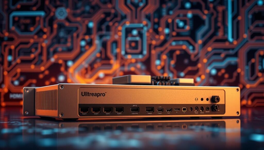 A sleek, modern HDMI IPTV encoder by ultrastreampro, its technical features beautifully detailed. In the foreground, the device's sturdy, silver-accented chassis, with precision-engineered ports and vents. The midground showcases its advanced circuitry, heat sinks, and cooling systems, illuminated by warm, diffused lighting. In the background, a backdrop of interconnected circuit boards and abstract digital patterns, conveying the encoder's sophisticated digital processing capabilities. The overall composition exudes a sense of technological sophistication and engineering excellence.