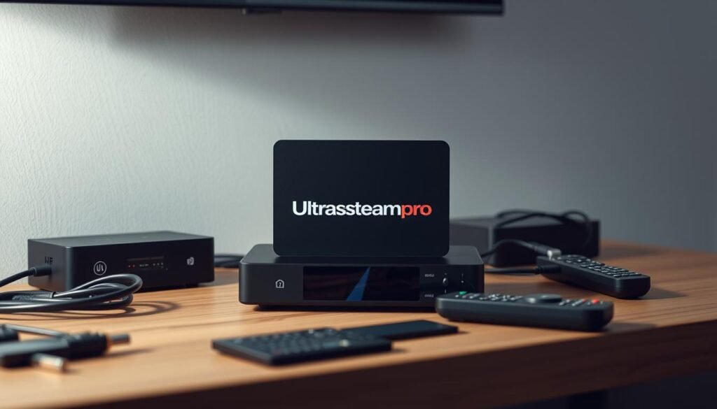 A sleek, modern IPTV box with the Ultrastreampro logo prominently displayed on the front panel. The device is positioned on a minimalist wooden desk, surrounded by a neat arrangement of cables, remote controls, and other accessories. Soft, directional lighting illuminates the scene, casting gentle shadows and creating a warm, inviting atmosphere. The focus is on the Ultrastreampro IPTV box, showcasing its clean design and premium aesthetics. The background is slightly blurred, keeping the attention on the central setup and emphasizing the box's role as the centerpiece of the home entertainment system. A sleek, modern IPTV box with the Ultrastreampro logo prominently displayed on the front panel. The device is positioned on a minimalist wooden desk, surrounded by a neat arrangement of cables, remote controls, and other accessories. Soft, directional lighting illuminates the scene, casting gentle shadows and creating a warm, inviting atmosphere. The focus is on the Ultrastreampro IPTV box, showcasing its clean design and premium aesthetics. The background is slightly blurred, keeping the attention on the central setup and emphasizing the box's role as the centerpiece of the home entertainment system.