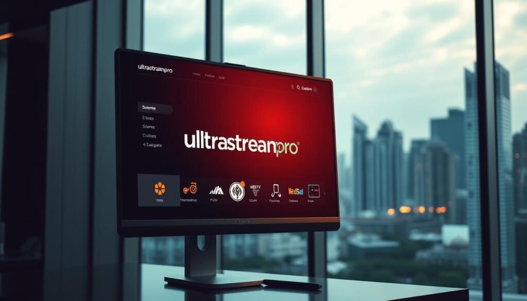 A sleek, modern IPTV reseller panel displayed on a large computer monitor. The panel features the ultrastreampro brand prominently, showcasing its intuitive user interface and comprehensive features. The interface is illuminated by warm, focused lighting, casting a professional and inviting atmosphere. In the background, a cityscape is visible through a large window, suggesting the panel's global connectivity and reach. The overall scene conveys the power and potential of the ultrastreampro IPTV reseller panel to unlock endless entertainment opportunities.