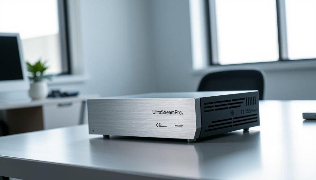A sleek, modern UltraStreamPro encoder rests on a minimalist desk, its brushed aluminum exterior gleaming under the soft, even light of a large window. The device's compact, angular design exudes a sense of precision and efficiency, hinting at the powerful video processing capabilities within. The backdrop is a serene, slightly blurred office scene, allowing the UltraStreamPro to take center stage as the focal point. The overall composition conveys a sense of reliable, high-performance IPTV encoding, ready to elevate the viewer's streaming experience.