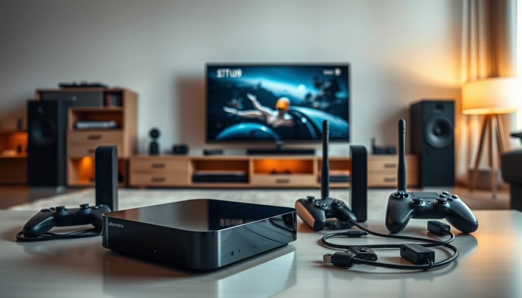A sleek, modern arrangement of compatible devices for the ultimate 4K VIP IPTV experience. In the foreground, a high-end ultrastreampro streaming box takes center stage, its polished casing reflecting the warm lighting. Surrounding it, a sophisticated network router, a state-of-the-art smart TV, and a selection of wireless controllers create a harmonious tech ecosystem. The middle ground features neatly organized cables and adapters, while the background showcases a minimalist, well-lit interior design, emphasizing the seamless integration of technology into the living space. The overall scene conveys a sense of effortless connectivity and premium entertainment at your fingertips. A sleek, modern arrangement of compatible devices for the ultimate 4K VIP IPTV experience. In the foreground, a high-end ultrastreampro streaming box takes center stage, its polished casing reflecting the warm lighting. Surrounding it, a sophisticated network router, a state-of-the-art smart TV, and a selection of wireless controllers create a harmonious tech ecosystem. The middle ground features neatly organized cables and adapters, while the background showcases a minimalist, well-lit interior design, emphasizing the seamless integration of technology into the living space. The overall scene conveys a sense of effortless connectivity and premium entertainment at your fingertips.