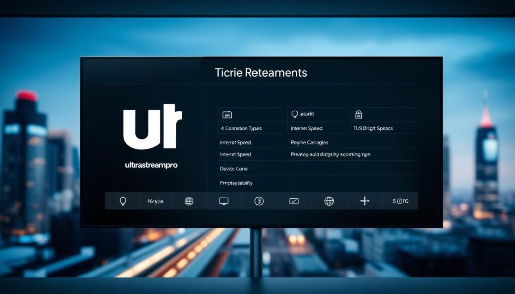 A sleek, modern control panel displaying the technical requirements for an IPTV service. The panel features a clean, minimalist design with intuitive icons and clear, concise labels. In the foreground, a high-resolution image of the ultrastreampro brand logo prominently displayed, indicating the service provider. The middle ground showcases various connection types, internet speed requirements, and device compatibility information, all neatly organized and easy to understand. The background features a subtle, blurred cityscape, hinting at the urban, digital landscape in which this IPTV service operates. The overall mood is one of professionalism, clarity, and technological sophistication, perfectly suited to illustrate the "Technical Requirements" section of the article.