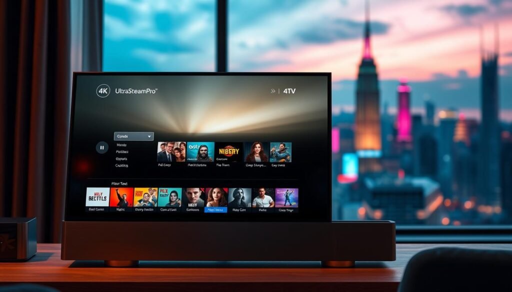 A sleek, modern control panel for the UltraStreamPro 4K IPTV service. The interface features a clean, minimalist design with intuitive controls and a vibrant, high-resolution display showcasing a diverse selection of 4K content. Warm, ambient lighting casts a soft glow, creating a cozy and inviting atmosphere. Elegant brushed metal accents and a premium, sturdy construction convey a sense of quality and reliability. In the background, a subtly blurred cityscape with towering skyscrapers and a vibrant, neon-lit skyline sets the scene for the ultimate 4K entertainment experience. A sleek, modern control panel for the UltraStreamPro 4K IPTV service. The interface features a clean, minimalist design with intuitive controls and a vibrant, high-resolution display showcasing a diverse selection of 4K content. Warm, ambient lighting casts a soft glow, creating a cozy and inviting atmosphere. Elegant brushed metal accents and a premium, sturdy construction convey a sense of quality and reliability. In the background, a subtly blurred cityscape with towering skyscrapers and a vibrant, neon-lit skyline sets the scene for the ultimate 4K entertainment experience.